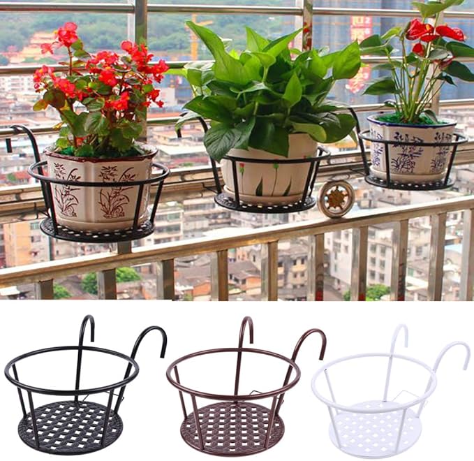 Hanging Railing Planters Baskets Art Hanging Flower Stands Balcony Flower Pot Holders Plant Iron Racks Fence Metal Potted Stand Mounted Balcony Round Plant Basket Shelf Container Box,Garden Steel Pots