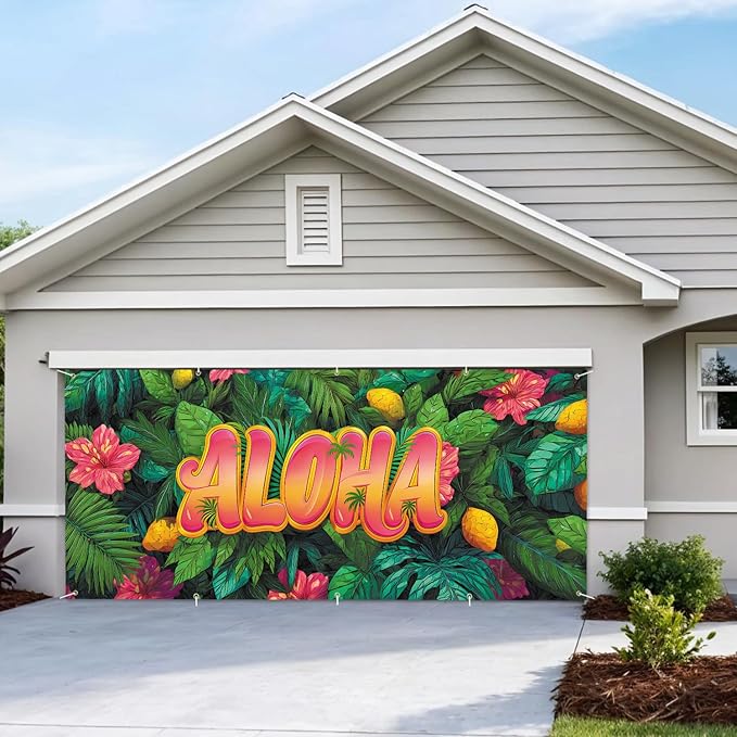 7 * 16FT Summer ALOHA Garage Door Cover Decorations Sunset Palm Trees Garage Door Banner for Outdoor Indoor Summer Party Photography Backdrop