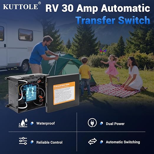 30 Amp Transfer Switch, Automatic Generator Transfer Switch for RV, Shore Power, Speedboats, 120V ATS Auto, Black
