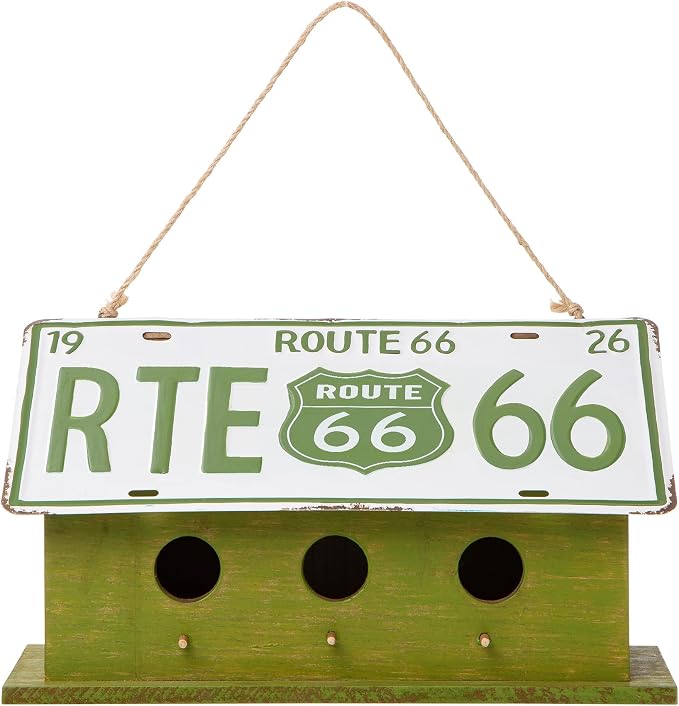 Glitzhome 14”L Wood Hanging Birdhouse for Outdoors, Licence Plate Route 66 Welcome Painted Bird House, Rustic Bird House for Bluebird Wren Sparrow, Bird Nest Box for Garden Patio, Washed Green