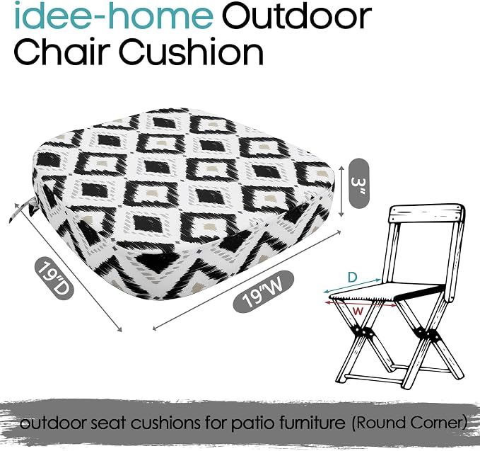 idee-home Outdoor Chair Cushions Set of 2, 19" x 19" x 3" Thick D-Shaped Patio Furniture Outdoor Seat Cushions Waterproof with Ties, Dining Pads