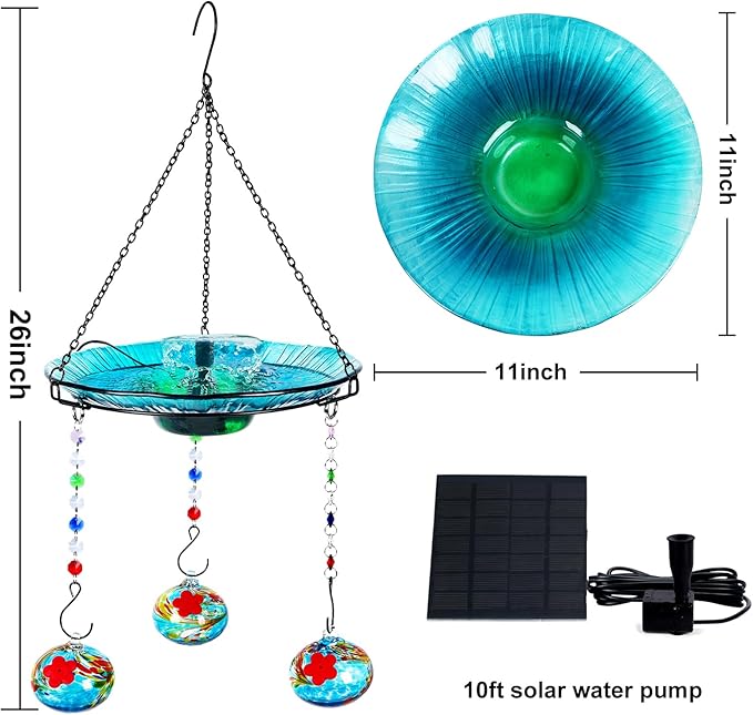 HEADAK LIFE Hummingbird Feeder and Bird Bath for Outdoors 2-in-1 for Small Birds - Hummingbird Bath Fountain with 3 Red Feeder Pots - Hanging Solar Bird Bath Fountains NY1-FN04