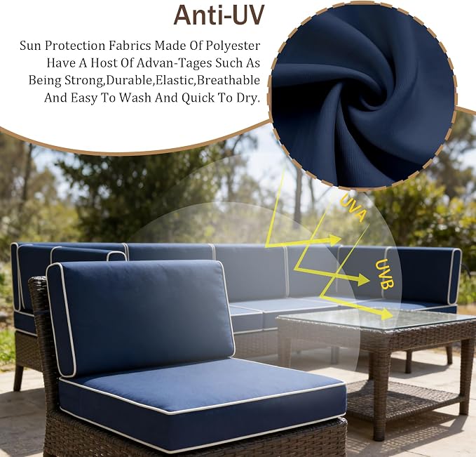 14 Piece Outdoor Furniture Replacement Cushions, Cover+Filling, 25.6" x 25.6" x 4" Foam Waterproof Outdoor Sofa Cushion Sets, Fit Wicker Rattan Sectional Conversation Set,Navy Blue+white Piping