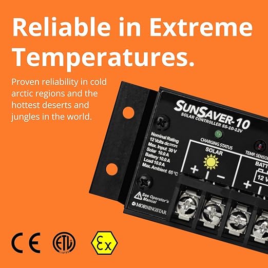 Morningstar SunSaver 10A PWM Solar Charge Controller (SS-10-12V) - Regulator for 12V Batteries, Four Stage Battery Charging, HazLoc Rated, Low Noise, 5 Year WTY - Designed in The USA
