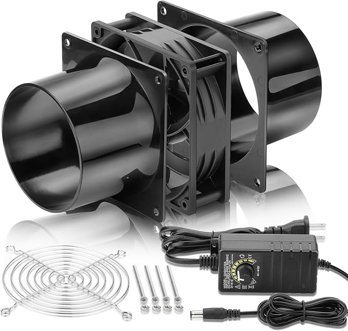 120mm x 38mm 4 Inch Duct Booster Small 12V Exhaust Fan with AC Variable Controller for DIY Paint/Dryer/Smoker/Growtent/3D Laser/Solder Fume Extractor-D1238
