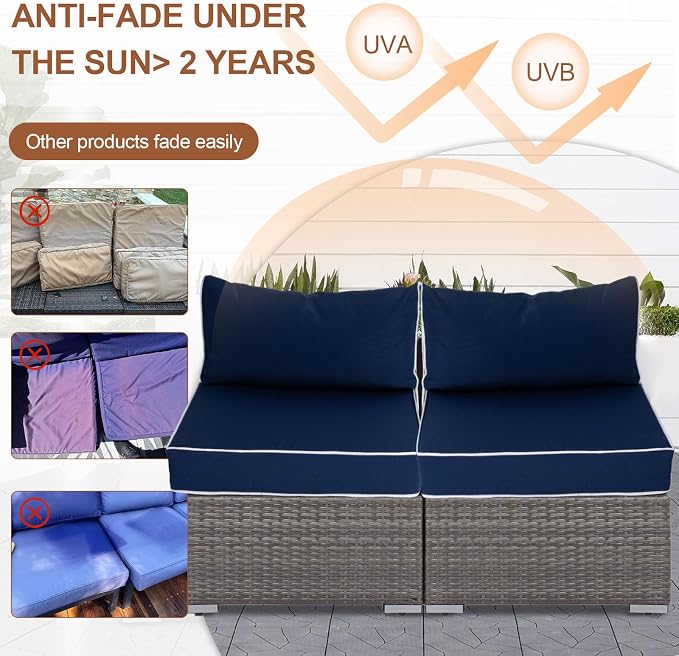14 Piece Outdoor Patio Cushion Covers Replacement, Waterproof Outdoor Furniture Cushion Covers, Fit 7 Pcs 6 Seater Wicker Rattan Conversation Sofa Set, Navy Blue+White Piping(Only Cover) 25.6x25.6"