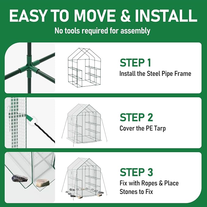 56×56×78Inch Walk-in Greenhouse for Outdoors with Screen Windows, Heavy Duty Small Plant House with Thicken PE Cover and Steel Shelves, Portable Green House for Outside Garden Winter, White