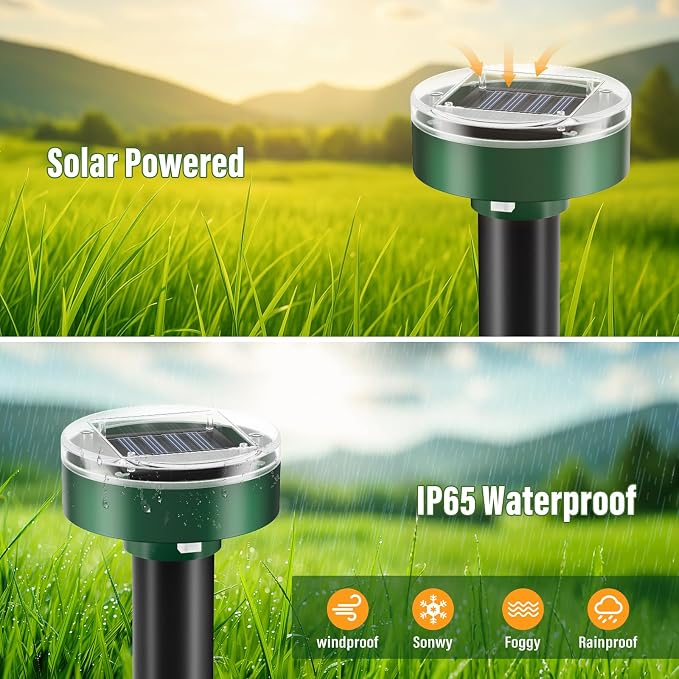 Solar Powered Mole Repellent 10 Packs, Pet-Safe Ultrasonic Pest Repeller, Waterproof Snake Gopher Vole Repellent for Lawn Garden, Humane Groundhog Chipmunk Deterrent