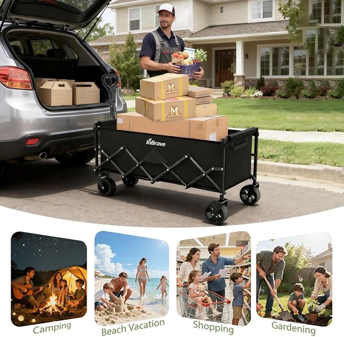 Extra Long Collapsible Wagon Cart, 480LBS Heavy Duty Utility Wagons with All-Terrain Wheels, Foldable Grocery Carts for Gardening, Shopping, Beach, Camping, Black