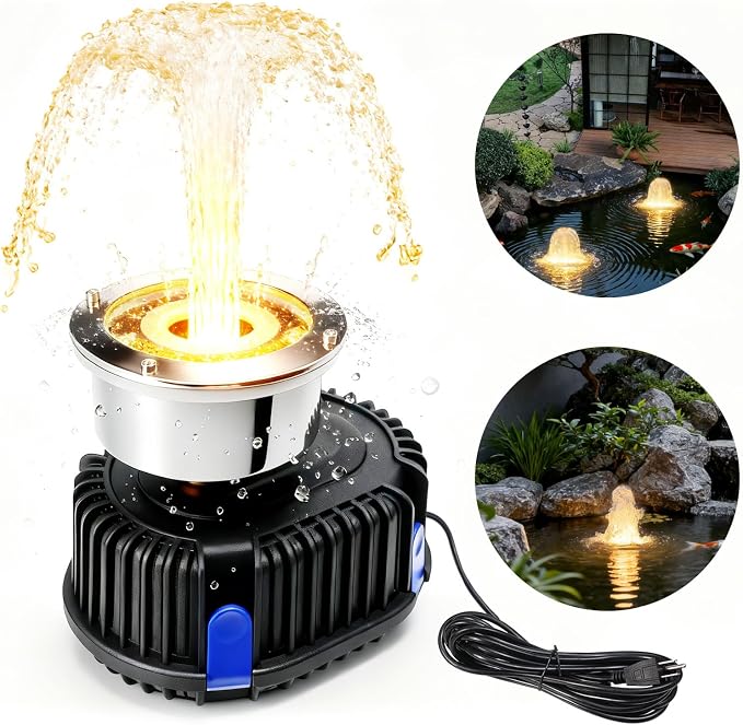 Pond Fountain Pump with LED Light for Outdoor Water Garden, 528GPH Submersible Pump Fountain Light Kits (Warm White) for Water Feature Koi Pond
