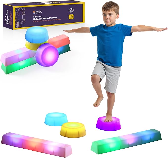 Special Supplies LED Stepping Stones for Kids -Light-Up Balance Blocks- Coordination & Balance for Toddlers & Children- Durable Non-Slip Rubber, Safe Indoor & Outdoor Play