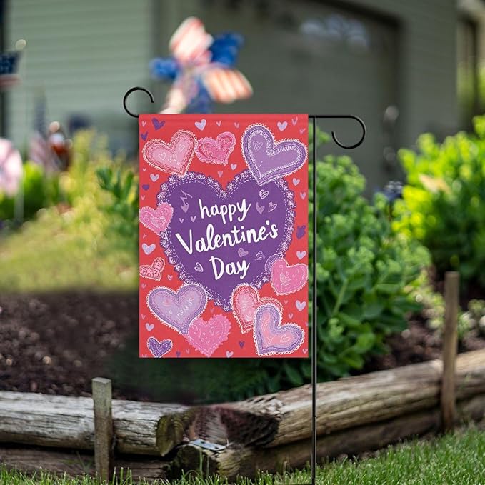 Pfrewn Valentine Garden Flag 12 x 18 Double Sided, Retro Pink and Lavender Hearts House Yard Flags Welcome Spring Outdoor Indoor Banner for Wedding Party Home Decorations