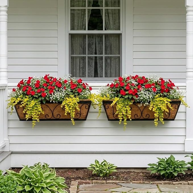 24 Inch Window Box Planter with Adjustable Brackets for Hanging Outdoor Plants, 2 Pack Railing Planter Boxes with Coco Liners for Balcony Deck Porch & Patio Garden Decor, Black