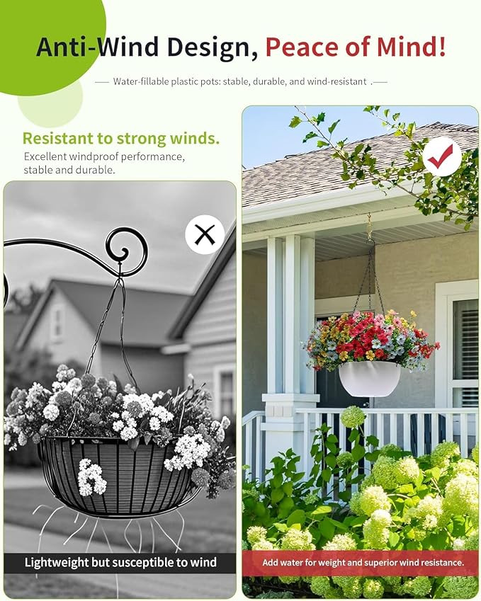 Artificial Hanging Flowers Basket for Outdoors, 30 Pack UV-Resistant Fake Colorful Silk Daisy Flowers (2 White Planters+30 Flowers(Green/Teal/Purple/Blue/Champagne))