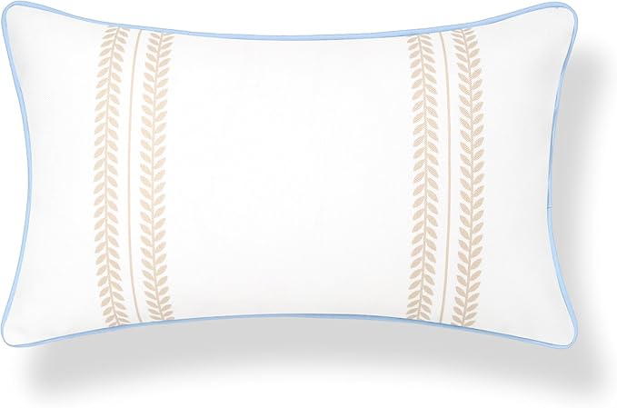 Hofdeco Premium Coastal Hampton Patio Indoor Outdoor Lumbar Pillow Cover Only, 12"x20" Water Repellent for Backyard, Couch, Poolside, Neutral Tan Blue Print Leaf Striped