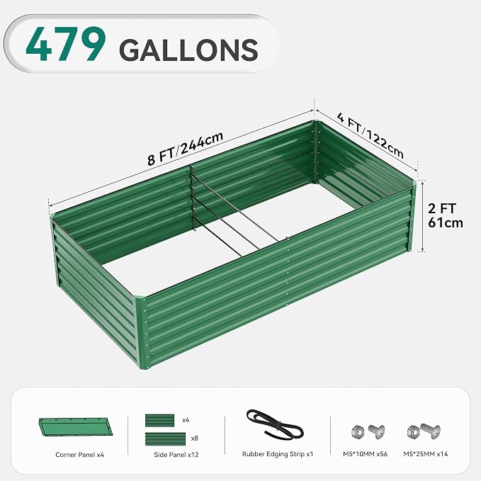 YITAHOME 8x4x2ft Large Raised Garden Bed Kit, Galvanized Metal Planter Box with Gloves, Ground Nails, Support Rod & Safety Rubber, Outdoor Above Ground Planters for Plants Vegetables Flowers, Green