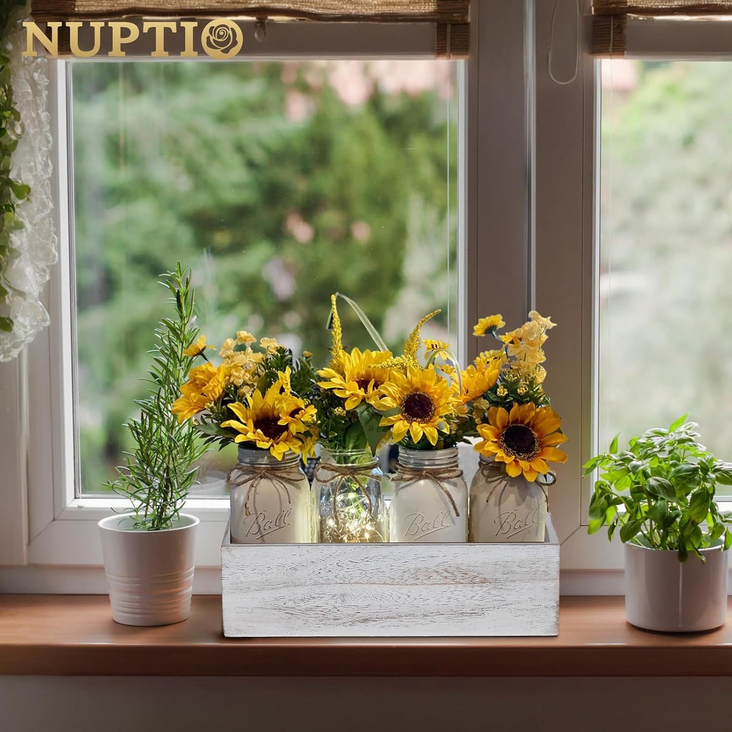 NUPTIO Flower Box Rectangle Centerpieces: 6 Pcs 11.8" Long Wood Vase Boxes Small Rustic Washed White Centerpiece Box for Wedding Tables Fall Decor