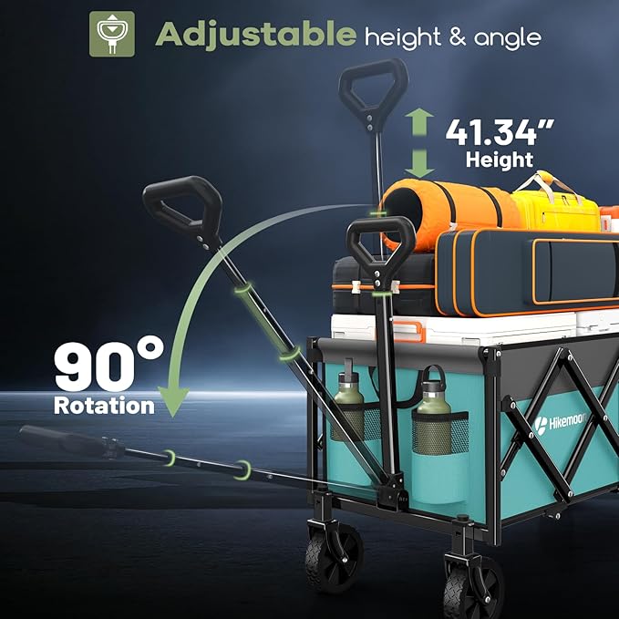 Hikemoon 34'' Extra Long Collapsible Wagons Carts Foldable, 360LBS Heavy Duty Folding Beach Wagon Cart with Wheels, Portable Utility Outdoor Wagon for Grocery, Shopping, Garden, Sports, Turquoise