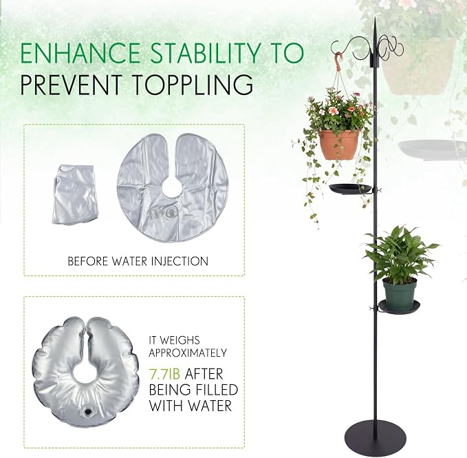 2 Sets 75.9" Shepherd's Hook Stand for Hanging Plant, Bird Feeder, Waterproof Metal & Adjustable Standing Pole Holder for Indoor Outdoor, with 2 Rotatable Rack & Weight Bag (3 Hooks)