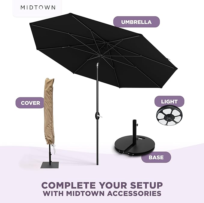 Midtown Umbrellas - 10-Year-No-Fade 6 Ft Patio Umbrella with Terylast Fabric, Auto-Tilt Aluminum Frame and 8 Reinforced Ribs for Deck, Pool, Garden & Beach - Ebony Black Canopy, Black Pole