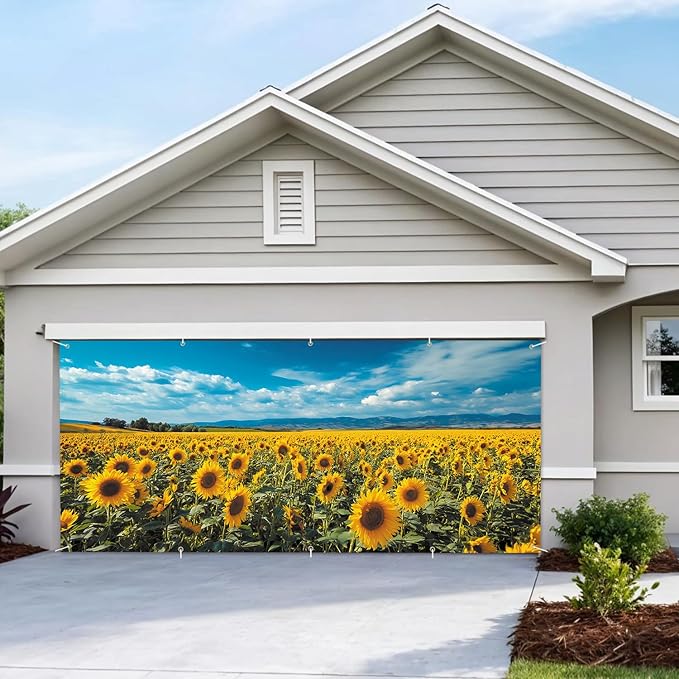 7 * 16FT Summer Garage Door Cover Decorations Sunset Palm Trees Garage Door Banner for Outdoor Indoor Summer Party Photography Backdrop (sunflower, 7 * 16 ft)