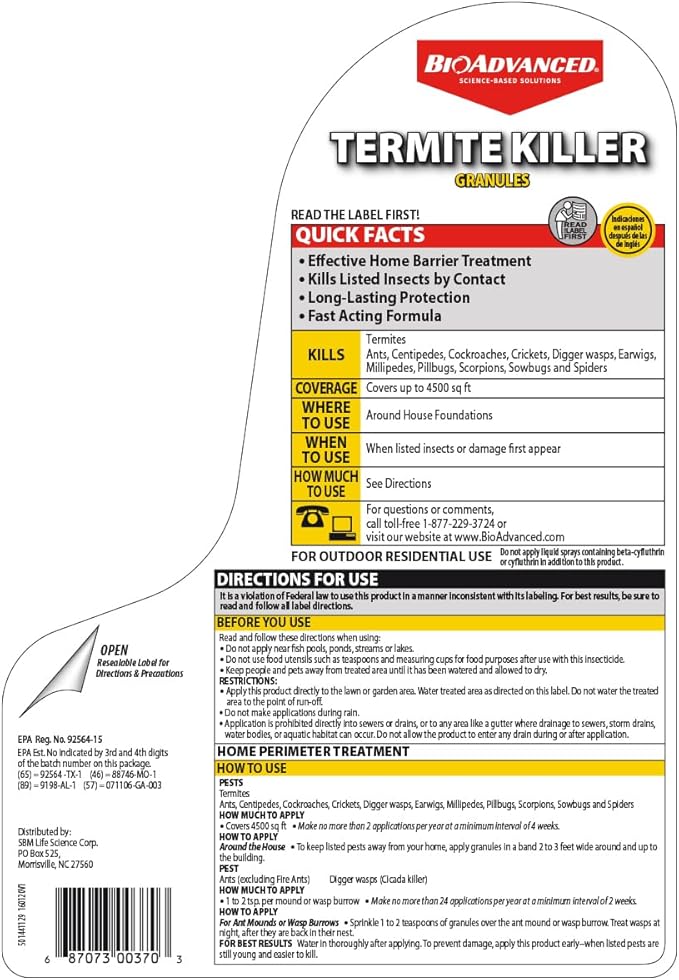 BioAdvanced Termite Killer Granules - Fast-Acting Termite Treatment - Outdoor Insect Control Home Barrier - Up to 30 Days Protection - Covers 4,500 Square Feet - 9 lb Bottle