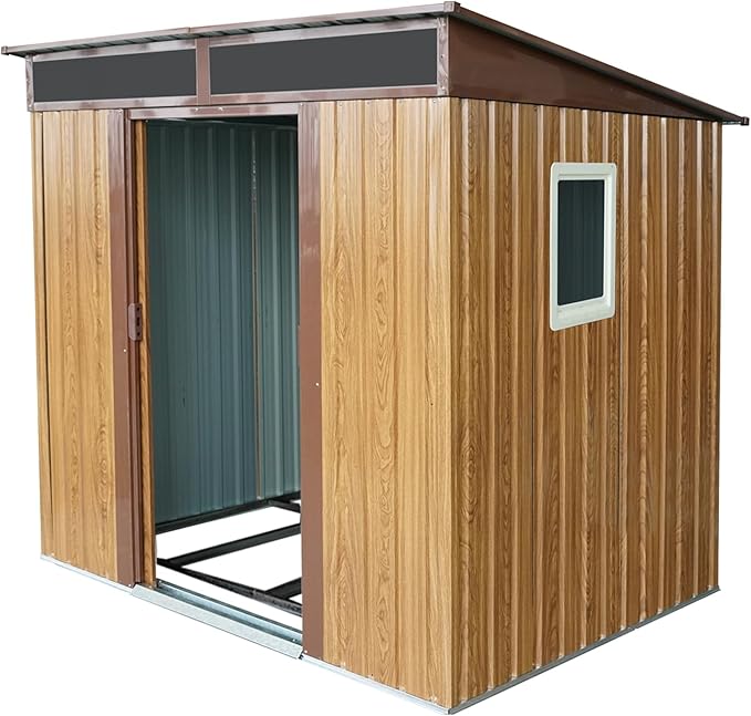 6FT x 5FT Outdoor Storage Shed, Heavy Duty Galvanized Steel Garden Shed with Sloped Roof, Sliding Lockable Doors, Punched Vents & Foundation Kit, Weather Resistant Tool Shed, Coffee with Window