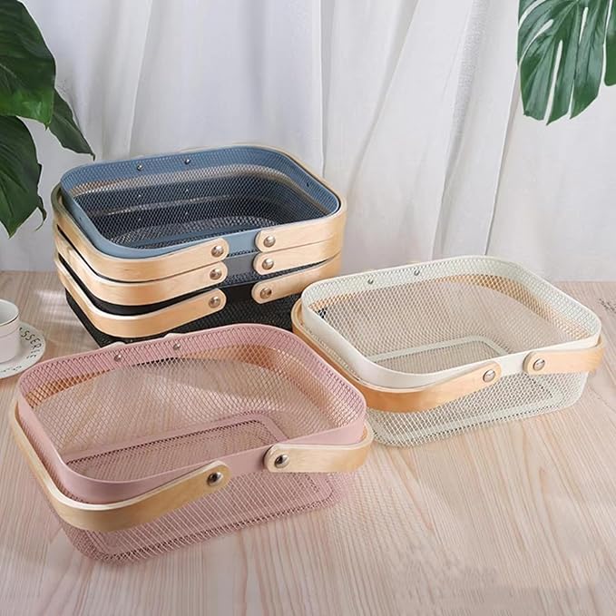 AJIODA Metal Mesh Steel Basket, Storage Organizer Basket Garden Harvest Basket Multi-functional Kitchen Fruit Baskets Bin with Wooden Handle for Bathroom Picnic Shopping Decor Cabinet Home, Pink