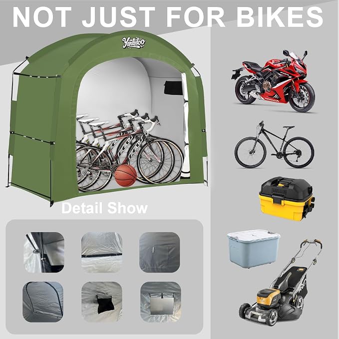 Bike Storage Shed Tent, Waterproof Outdoor Storage Shelter with 30% More Top Space, Portable Bicycle Cover for 2/3/4/5 Bikes, Motorcycles, Garden Tools, Lawn Mowers, Easy Setup(Green)