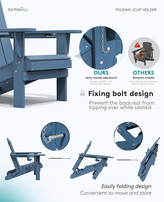 SERWALL Folding Adirondack Chair, HDPE Adirondack Chairs Set of 4, Plastic Outdoor Chairs- Looks Exactly Like Real Wood- Navy