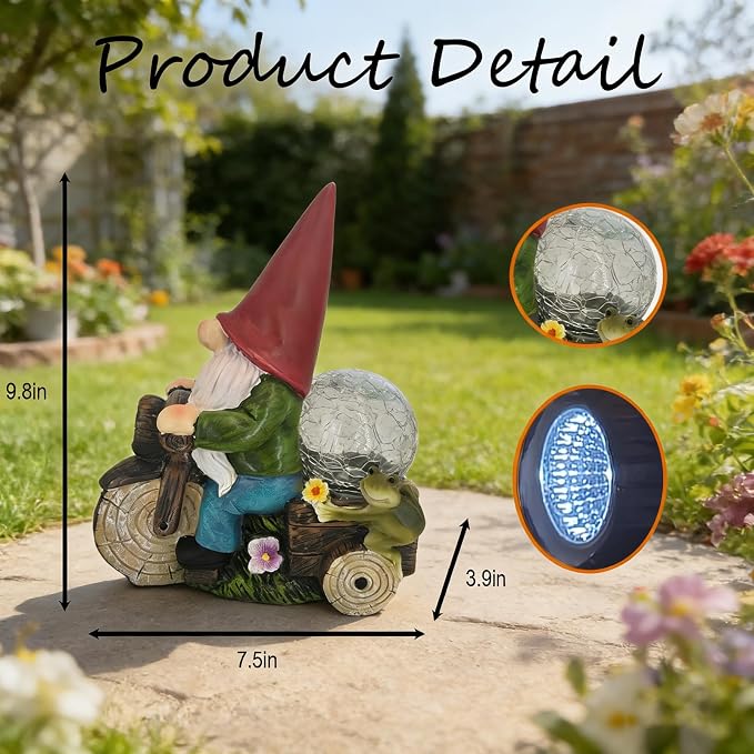 Solar Powered Garden Gnome on Motorcycle with Frog and Crackle Glass Globe, Outdoor LED Light Decor for Patio, Lawn, Yard, and Garden (Red)
