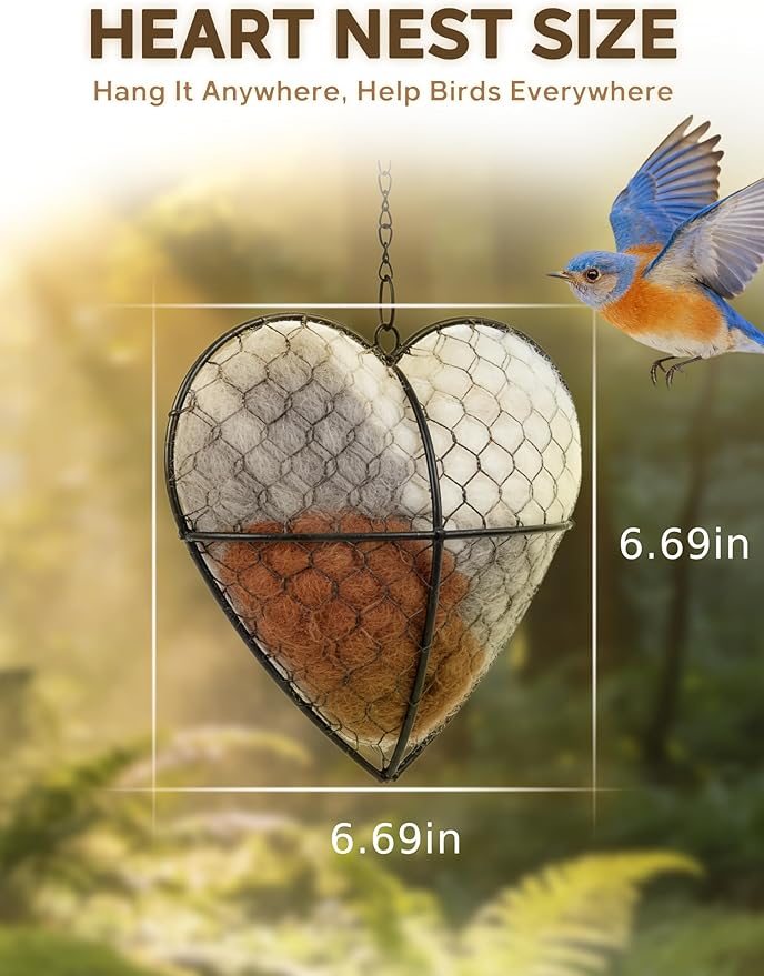 Handmade Alpaca Fiber Bird Nesting Heart for Wild Birds, Bird Nesting Material Holder, Natural Nesting Holder for Garden Trees, Hummingbird Nest/House, Outdoor Garden Decortion