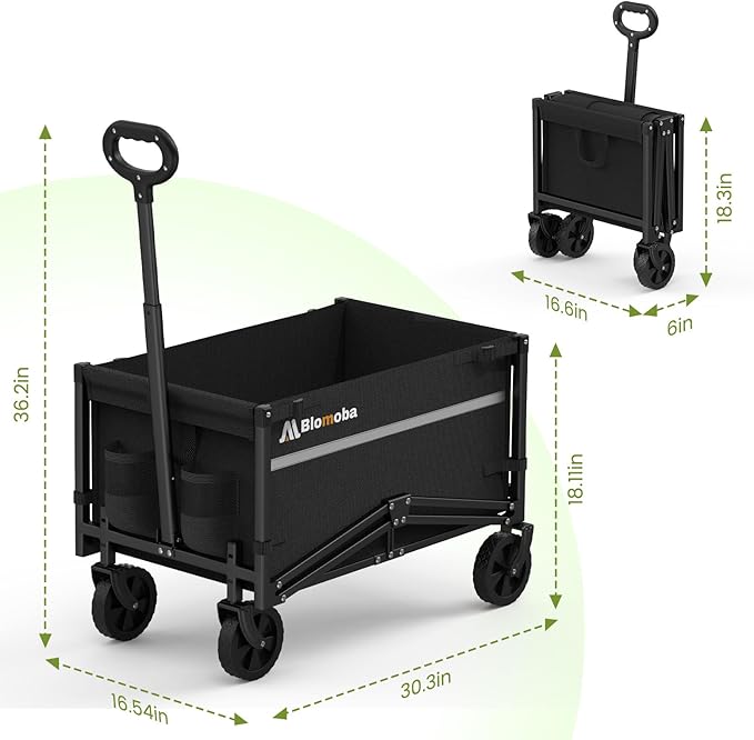 Blomoba Collapsible Wagon Cart, Flexible Handle, Portable Collapsible Wagon with All-Terrain Wheels 360° Rotation, 220LBS Heavy Duty Utility Cart for Garden Camping Grocery Sports Shopping Beach