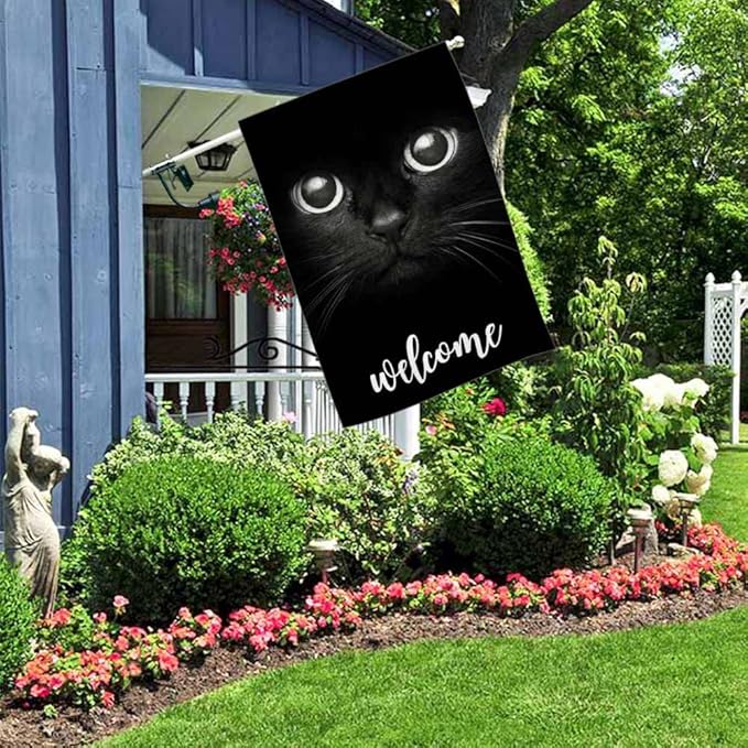 AOYEGO Cat Welcome House Flag 28 x 40 Inch Large Vertical Double Sided Black Cat Show Two Eyes Seasonal Outside Décor for Garden Yard Farmhouse Flags