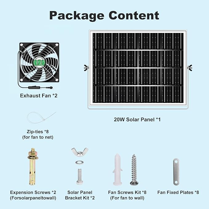 Solar Chicken Coop Fan 2 Kit, 20W Solar Powered Greenhouse Fan Outdoor Waterproof, Solar Exhaust & Intake Fans, Hi-Airflow for Shed Dog House Air Circulation Ventilation Cooling