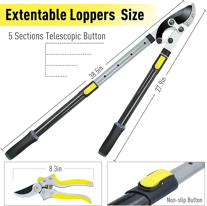 Jardineer Loppers for Tree Trimming Heavy Duty with Compound Action, Labor-Saving Branch Cutter with 2 Inch Capacity, 5-Level Extendable 28-39 Inch Telescoping Handle Tree Trimmer for Yard Work