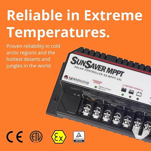 Morningstar SunSaver 15A MPPT Solar Charge Controller SS-MPPT-15L - Solar Panel Regulator, Supports 12/24V LA/Li Batteries. Load/Lighting Ctrl, HazLoc Rated, Low Noise, 5 Yr. WTY - Designed in the USA