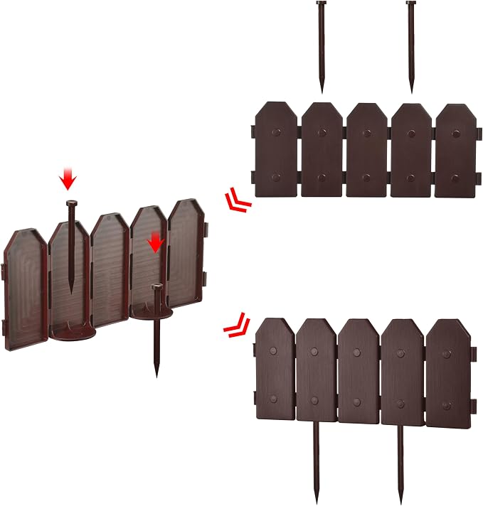 Evelyne Garden Border Edging: Wooden Grain Fence Dog Ear Design - Landscaping Fence Liner Lawn Edge Barrier - Decorative Lawn Landscape Panels Elements -Landscaping Edging (Brown, 10ft.)