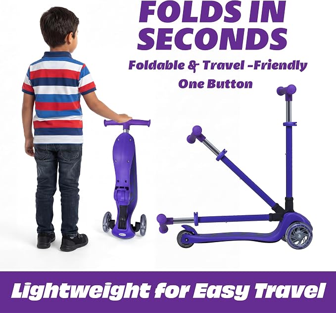 SKIDEE Kick Scooter for Kids Ages 3-5 | Foldable 3 Wheel Scooter with Lean-to-Steer, Adjustable Height, Removable Seat & LED Light Wheels | Toddler Scooter Up to 12 Year Old Boys/Girls