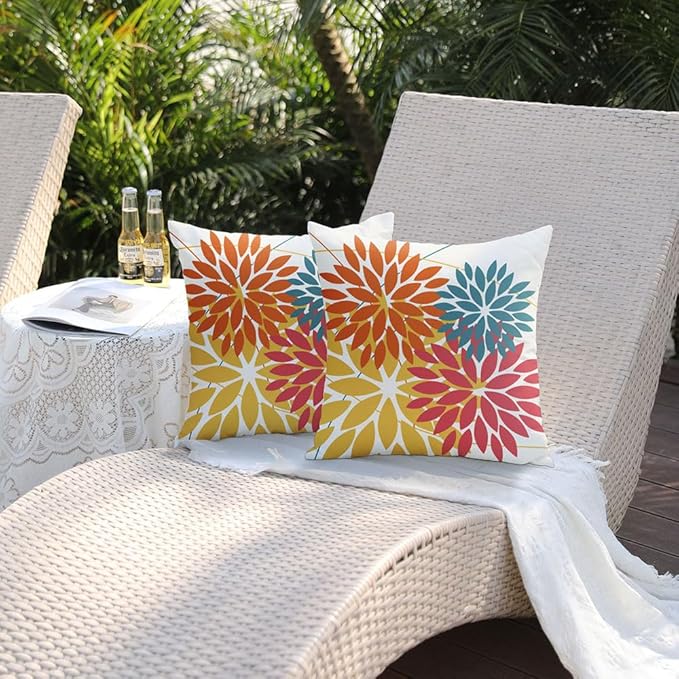 DFXSZ Outdoor Pillow Covers 22x22 Inch Set of 2 Orange Yellow Red Flower Decorative Waterproof Fall Summer Outdoor Pillow Covers for Patio Funiture Garden Couch 168G22