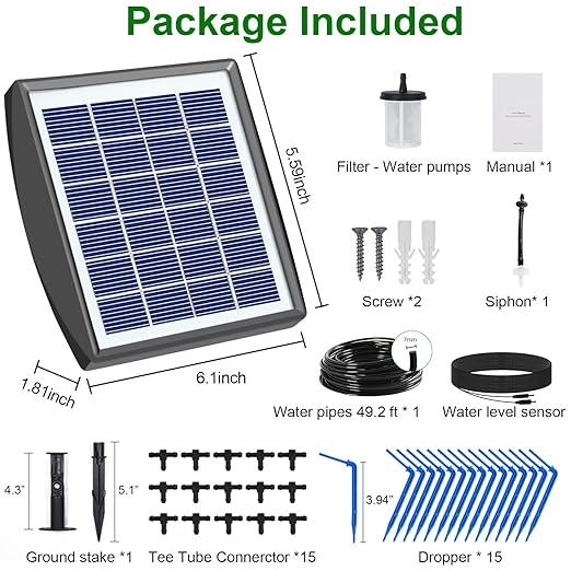 RISINGUP 49FT Solar Drip Irrigation System, Auto Plant Watering Kit with Anti-Siphoning Device 750ml/min Flow with 2200mAh Battery, for 15 Potted Plants Outdoor Garden, Patio, Balcony, Greenhouse