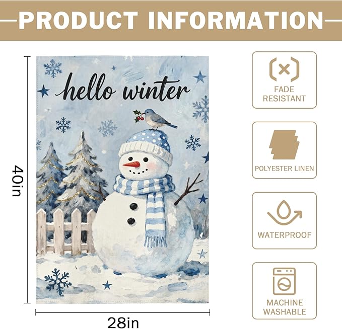 Winter Snowman House Flag 28x40 Inch Christmas Tree Snowflake Cardinal Hello Holiday Decorative Garden Flags for Outside Double Sided Seasonal Outdoor Home Farmhouse Decoration Yard Porch Decor