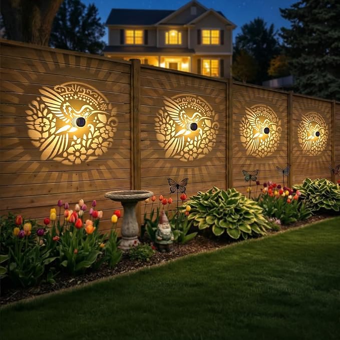 Gardsee Solar Fence Lights Outdoor 2 Pack Deck Step Wall Lights Butterfly Metal Waterproof LED Warm Yellow Light for Garden Post Patio Backyard Yard Decor (Black 4)