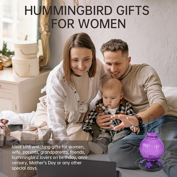 Glass Hummingbird Feeders for Outdoors Hanging, 23Oz Humming Bird Nectar Feeders with Perch, 5 Flower Feeding Ports, Leak Proof Base and Hook for Garden Decor, Gifts for Mom Women (Purple)