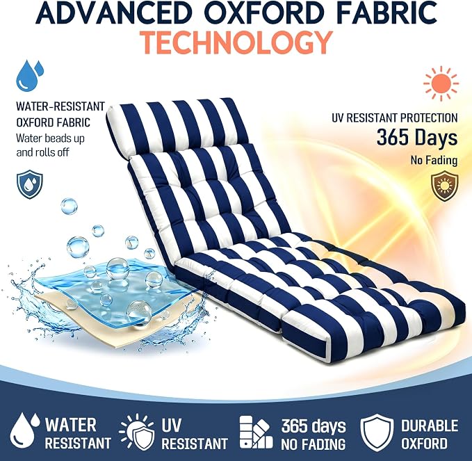 MAGIC ELEPHANT Chaise Lounge Cushion Outdoor, Memory Foam Patio Lounge Chair Cushion with Ties for Outdoor Furniture, 74 x 22 x 4 Inch (Navy Stripe)