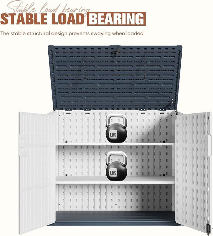 TUOZE 34 Cu Ft Resin Storage Shed with 2 Shelves, Waterproof Outdoor Storage Cabinet with Sloping Roof & Lockable Lid for Garden Tools, Trash Cans (Beige)