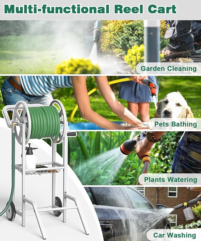 Artigarden Hose Reel Cart with 2 Wheels, Garden Water Hose Holder Heavy Duty Powder Coated Steel Outdoor Winder Storage Holds 125 ft 5/8" Hoses with Basket and 3.9ft Leader Hose for Backyard, White