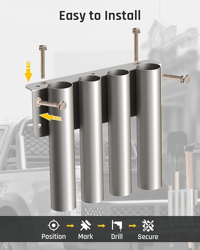 Wyckoff Heavy Duty 8-Hole Shovel Holder for Truck Bed & Trailer, Commercial Grade Steel Rack for Rake & Shovel, Secure Tool Box Mount Prevents Highway Loss for Landscaper, Gardener & Contractor