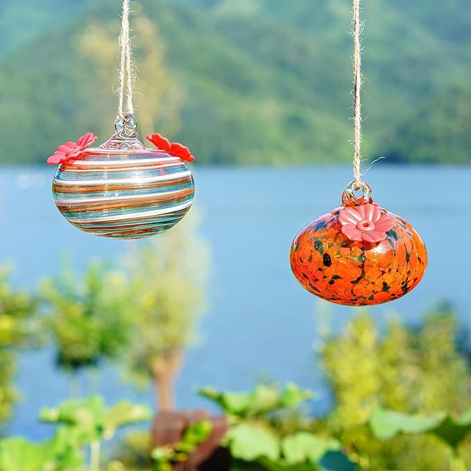 2pcs Blown Glass Hummingbird Feeders for Outdoors 3.2in Hanging Glass Humming Bird Feeders for Window Patio Decor with 2 Flower Feeding Ports