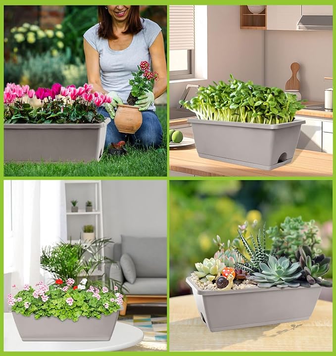 LOCONHA Window Box Planter, 7 Pack Plastic Vegetable Flower Planters Boxes 17 Inches Rectangular Flower Pots with Saucers for Indoor Outdoor Garden, Patio, Home Decor
